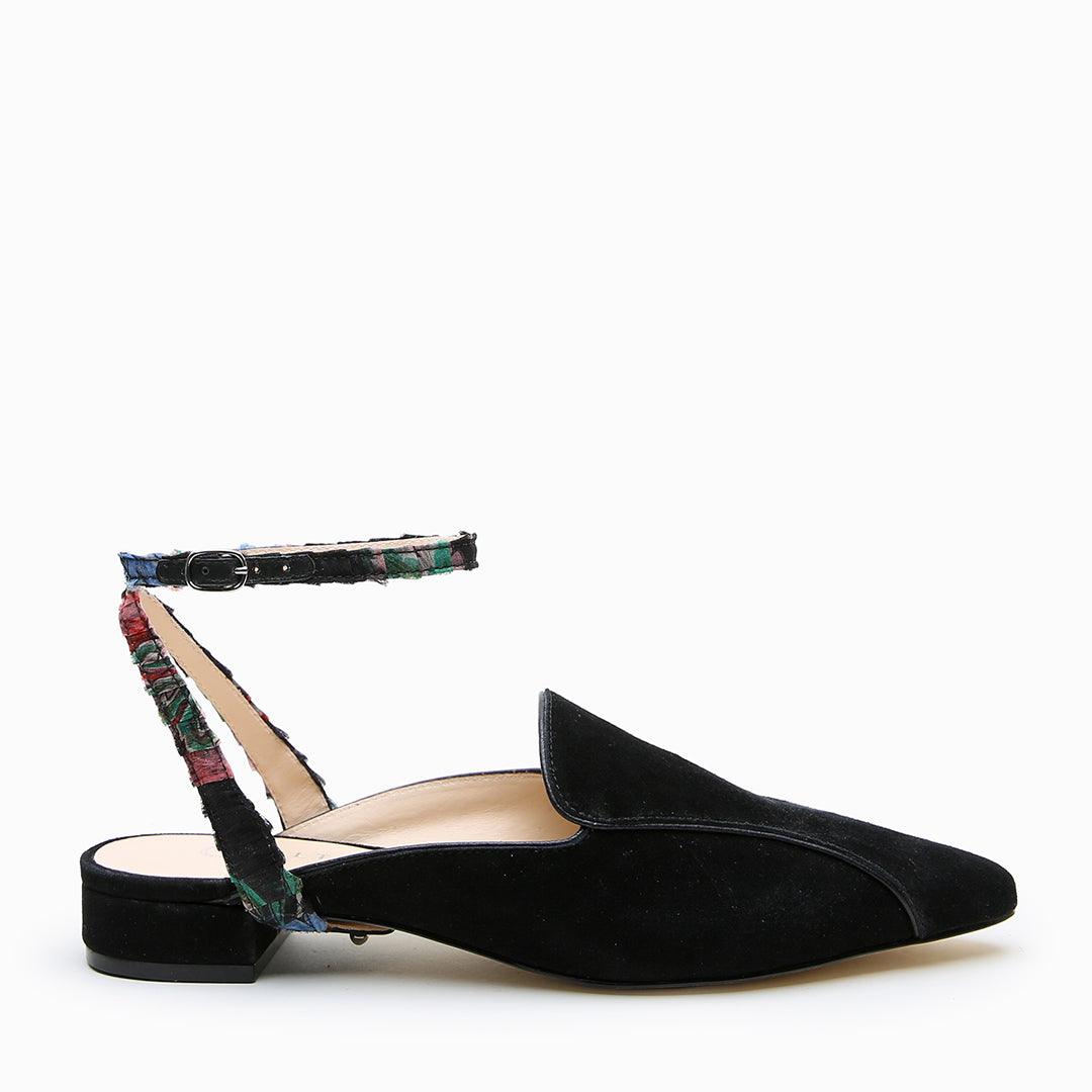 Black Suede Pointed Loafer + Black Floral Marilyn Strap - Alterre