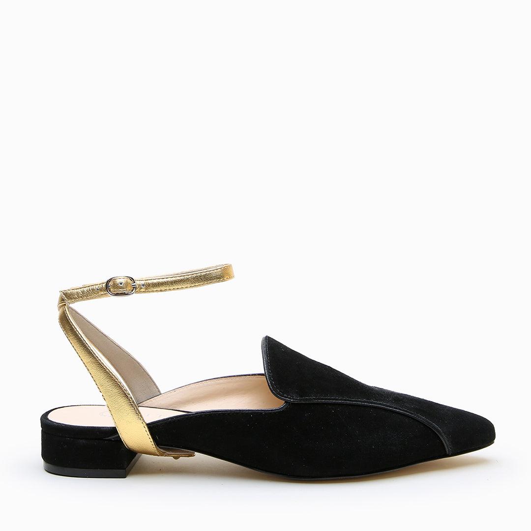 Black Suede Pointed Loafer + Gold Marilyn Strap - Alterre