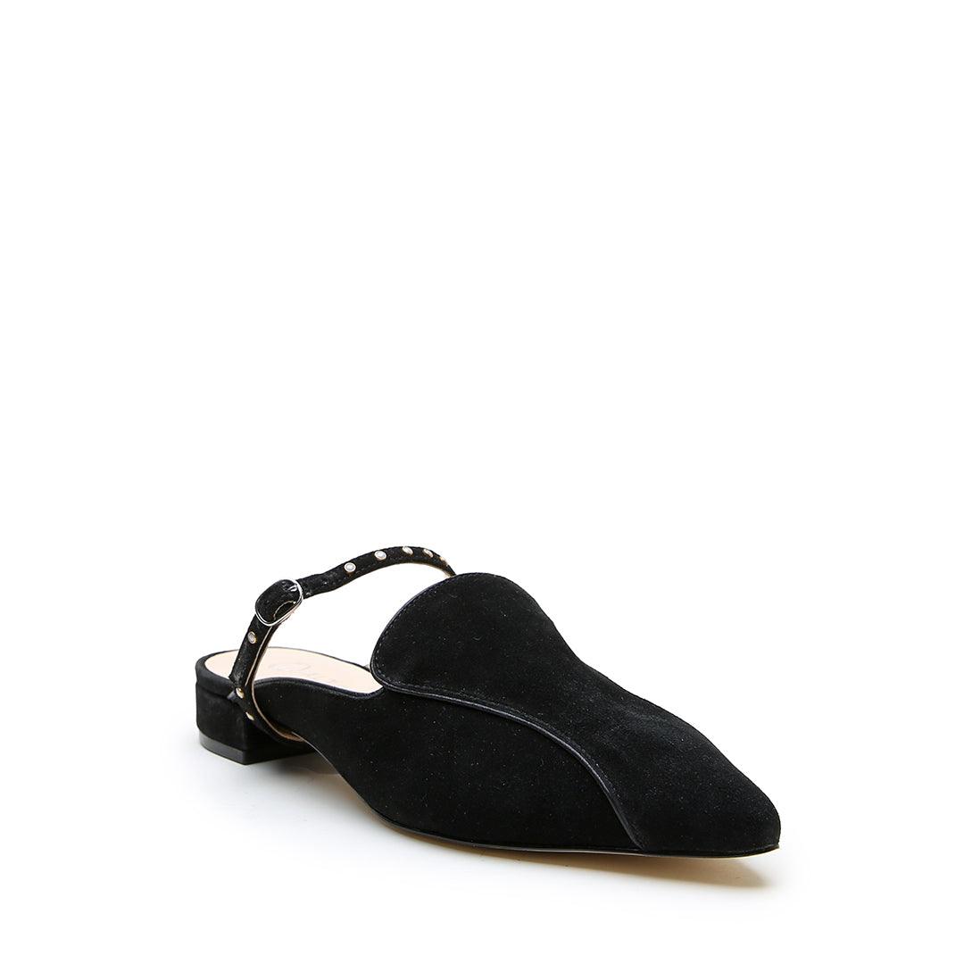 Black Suede Pointed Loafer + Studded Twiggy Strap - Alterre