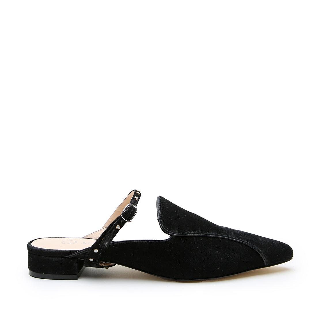 Black Suede Pointed Loafer + Studded Twiggy Strap - Alterre