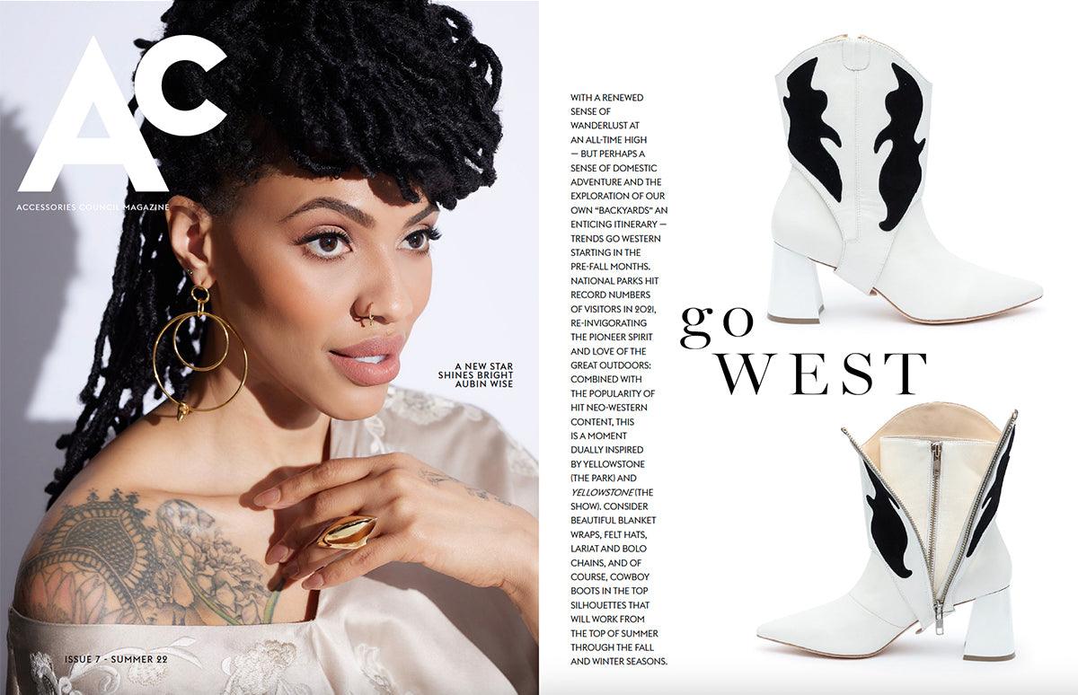 Alterre shoes featured in Accessories Council Magazine, customizable western white ankle boots