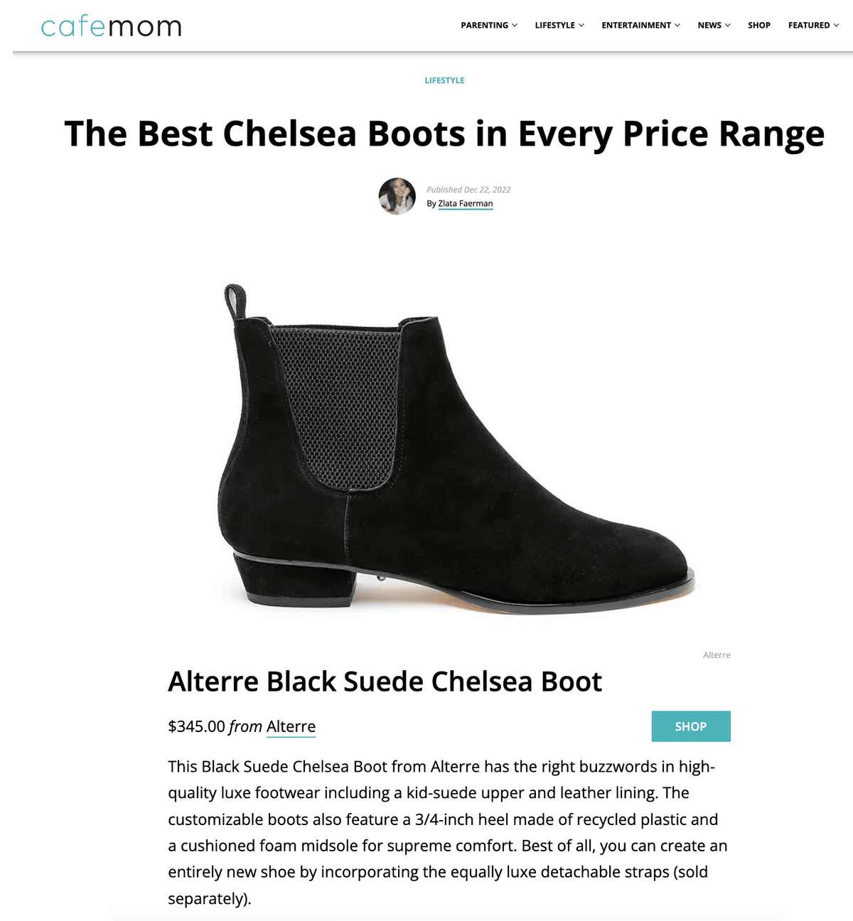 Alterre shoes featured on Cafe Mom - Customizable Black Suede Chelsea Boots