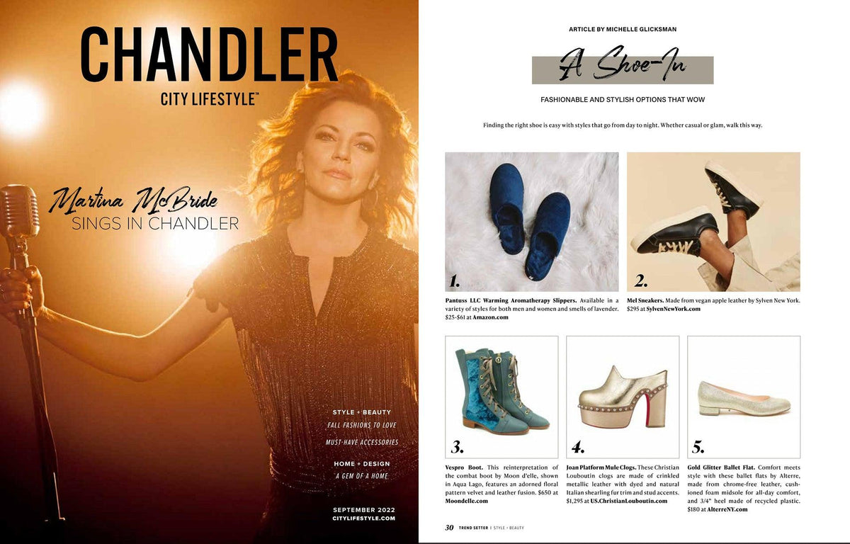 Chandler City Lifestyle Magazine Print Feature, Alterre gold glitter ballet flats