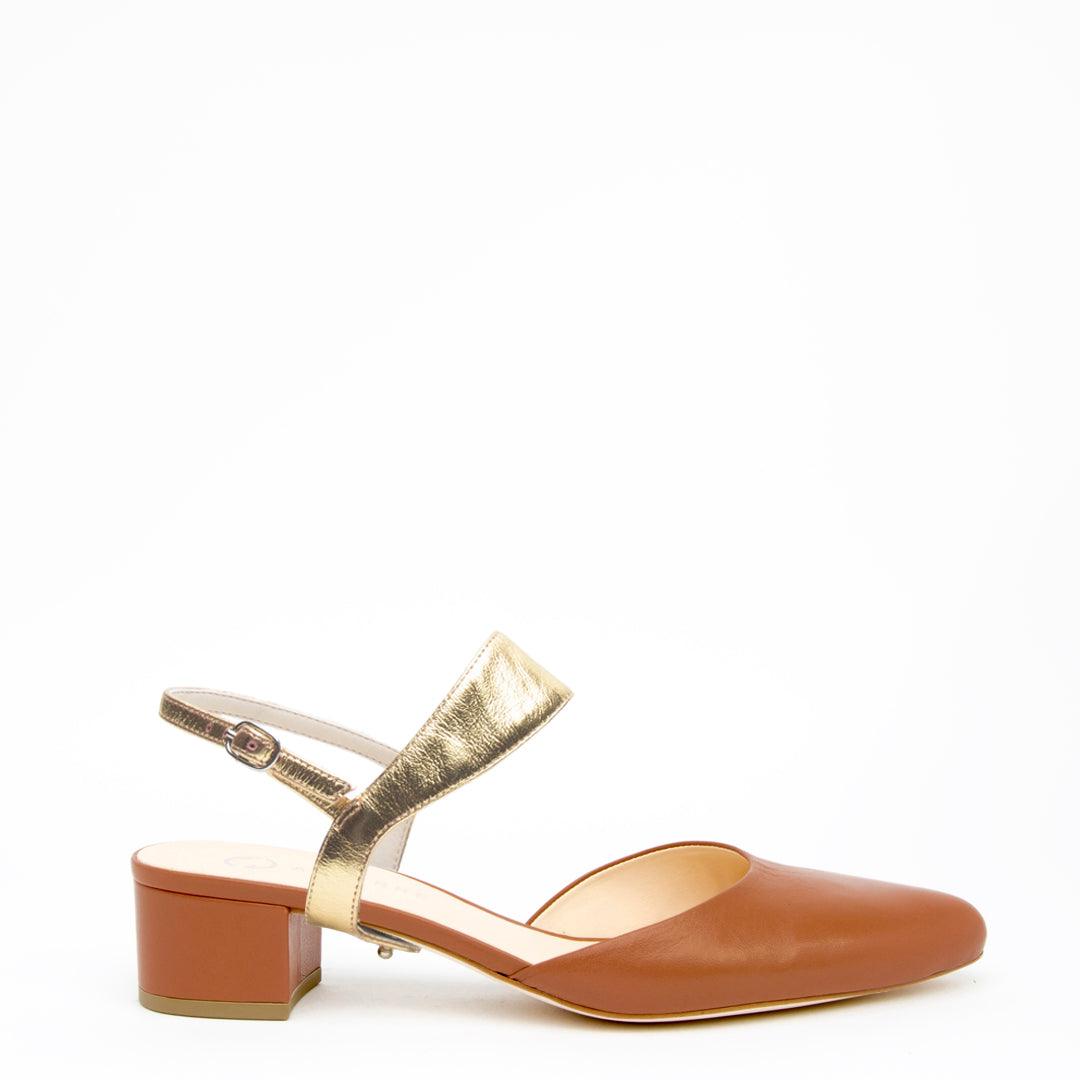 Cognac Slide + Gold Elsie Customized Slide Sandals | Alterre Interchangeable Slides - Sustainable Footwear & Ethical Shoes