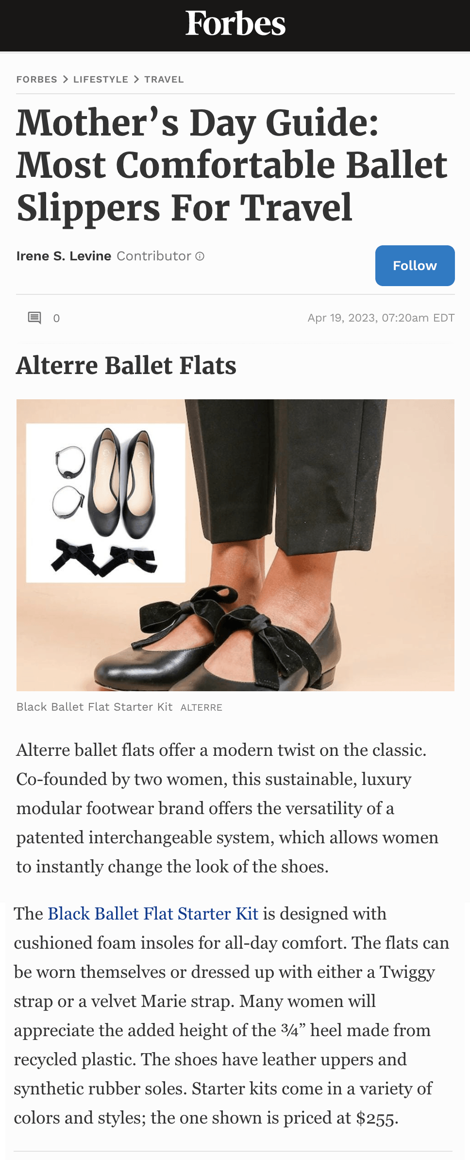 Alterre shoes featured in Forbes, customizable black ballet flats