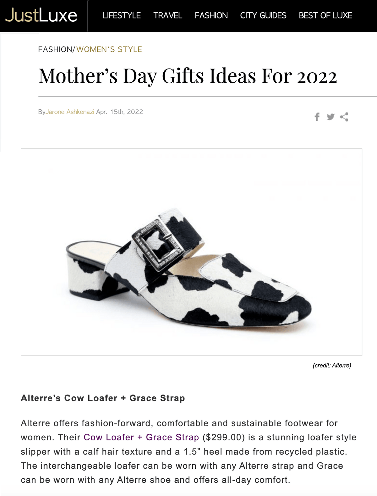 Alterre shoes featured in Just Luxe, customizable cow print slides