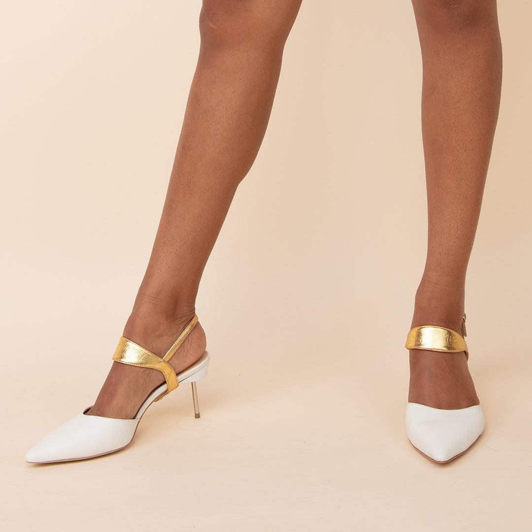 White Stiletto + Gold Elsie Custom Stilettos | Alterre Make A Shoe - Sustainable Shoes & Ethical Footwear