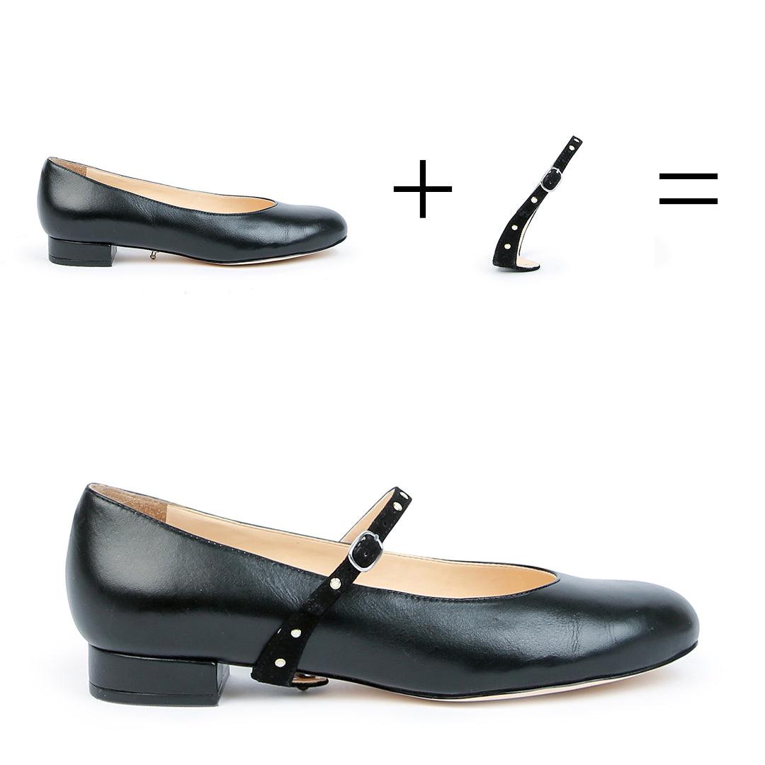 Customizable Black Ballet Flat + Studded Twiggy Strap | How it works - sustainable shoes for women, ethical leather ballet flats