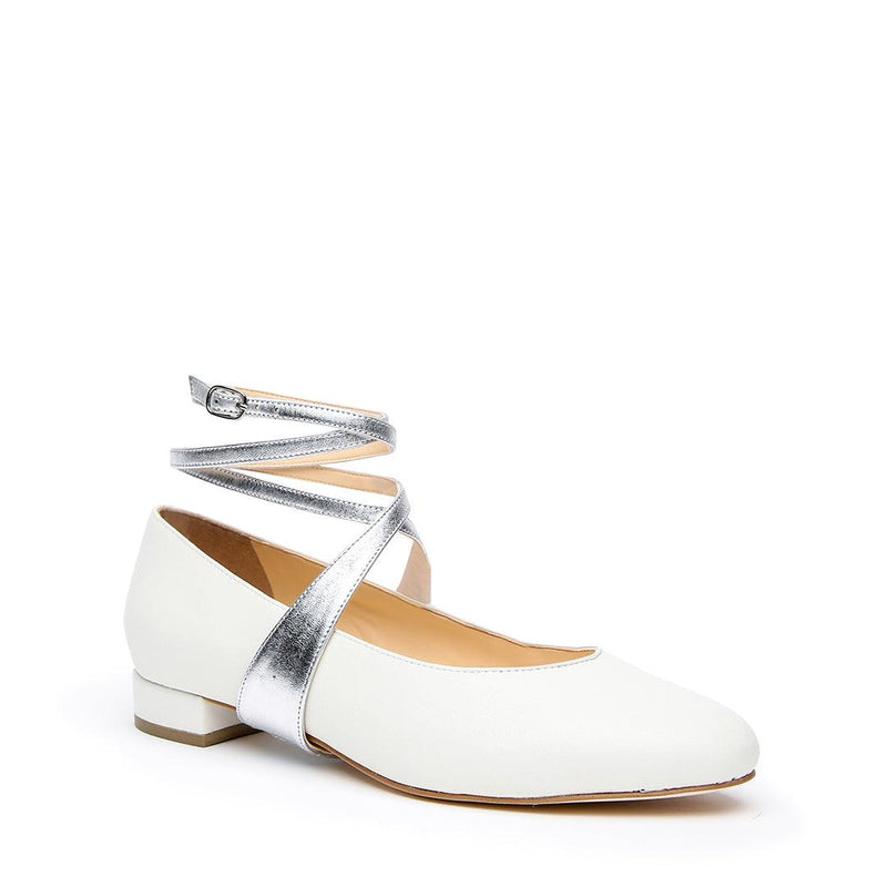 Customizable White Ballet Flat + Silver Tomoe Strap | Alterre Make A Shoe - Sustainable Shoes & Ethical Footwear
