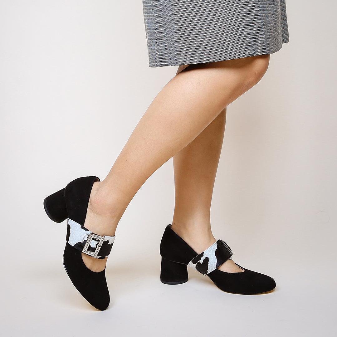 Black Suede Ballet Pump + Cow Grace Strap  | Alterre Customized Shoes - Women's Ethical Pumps, Sustainable Footwear

