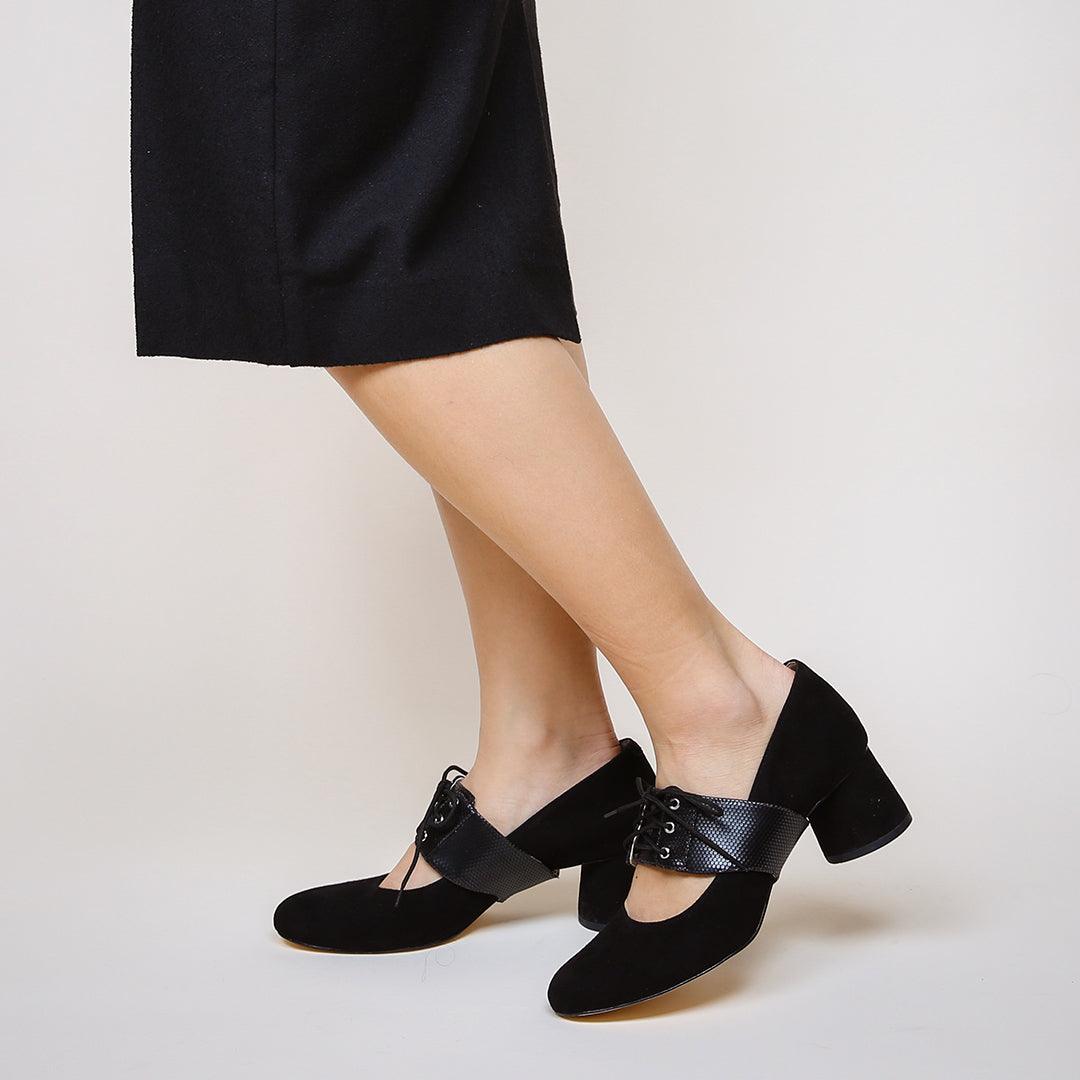 Black Suede Ballet Pump + Rattlesnake Tilda Strap  | Alterre Customized Shoes - Women's Ethical Pumps, Sustainable Footwear


