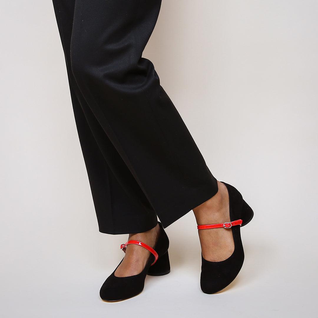Customized Black Suede Ballet Pump with Red Gloss Twiggy | Alterre Build Your Own Shoe - Sustainable Shoe Company & Ethical Footwear Brand