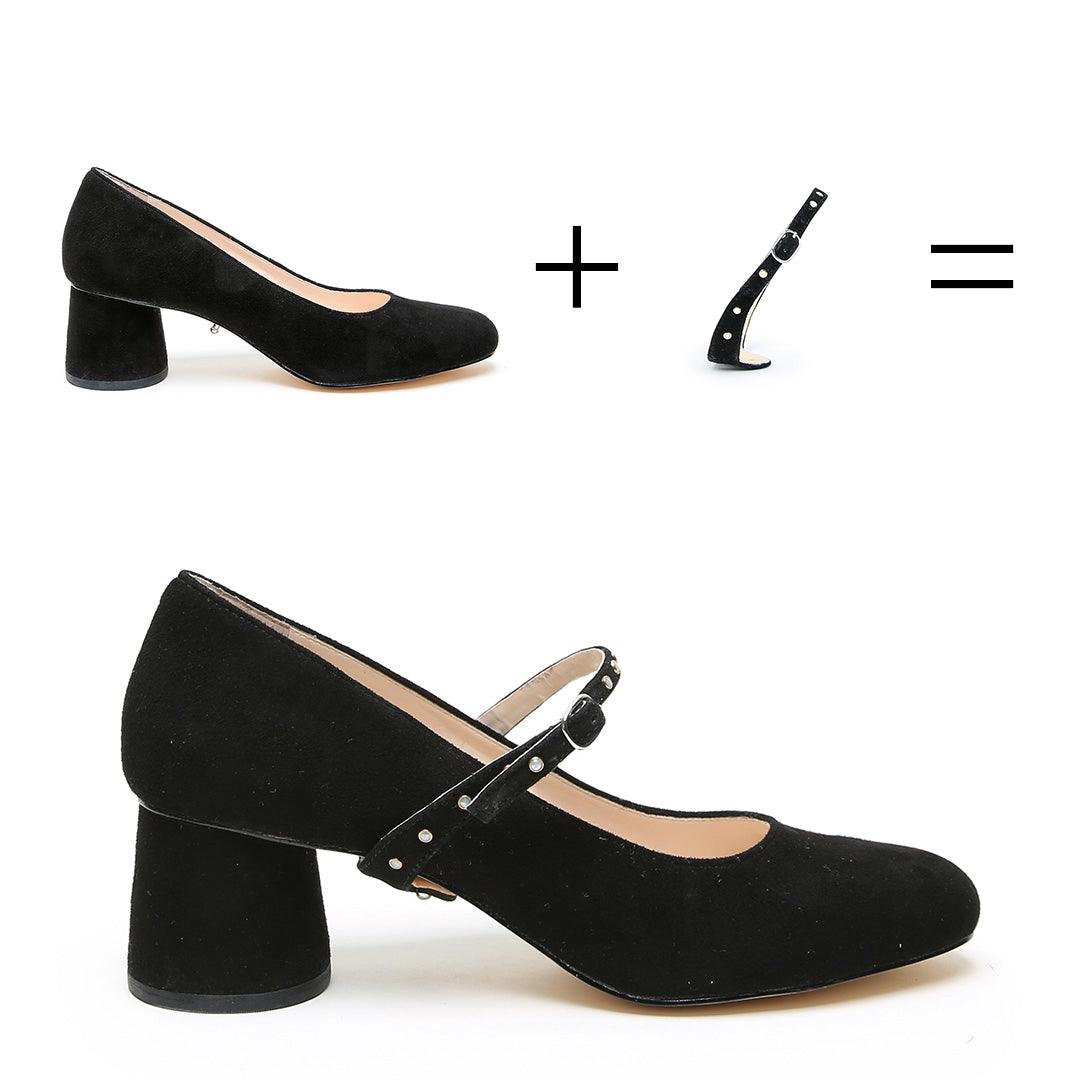 Black Suede Ballet Pump + Studded Twiggy Strap  | Alterre Customized Shoes - Women's Ethical Pumps, Sustainable Footwear

