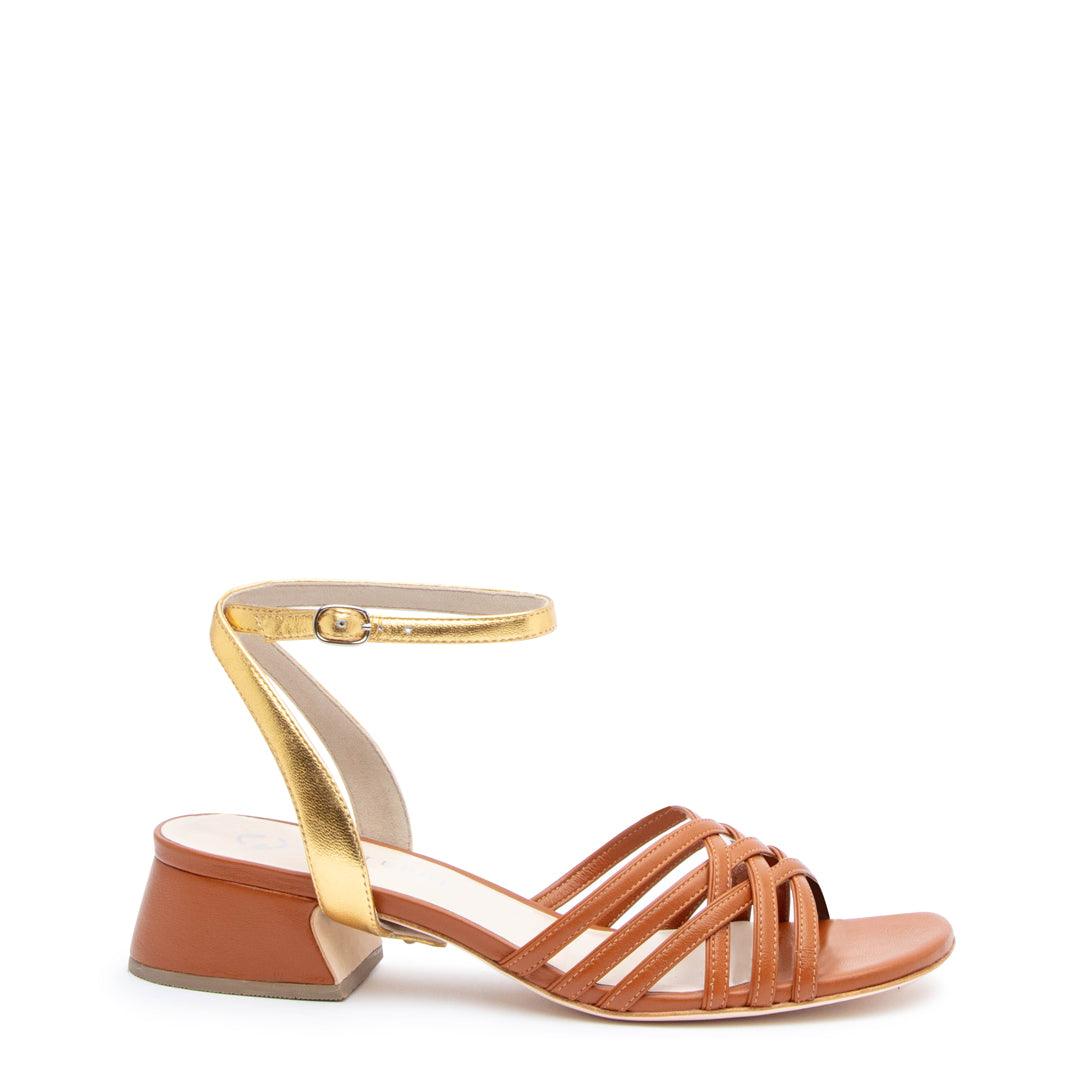 Cognac Bell Sandal + Gold Marilyn | Alterre Make A Shoe - Sustainable Shoes & Ethical Footwear