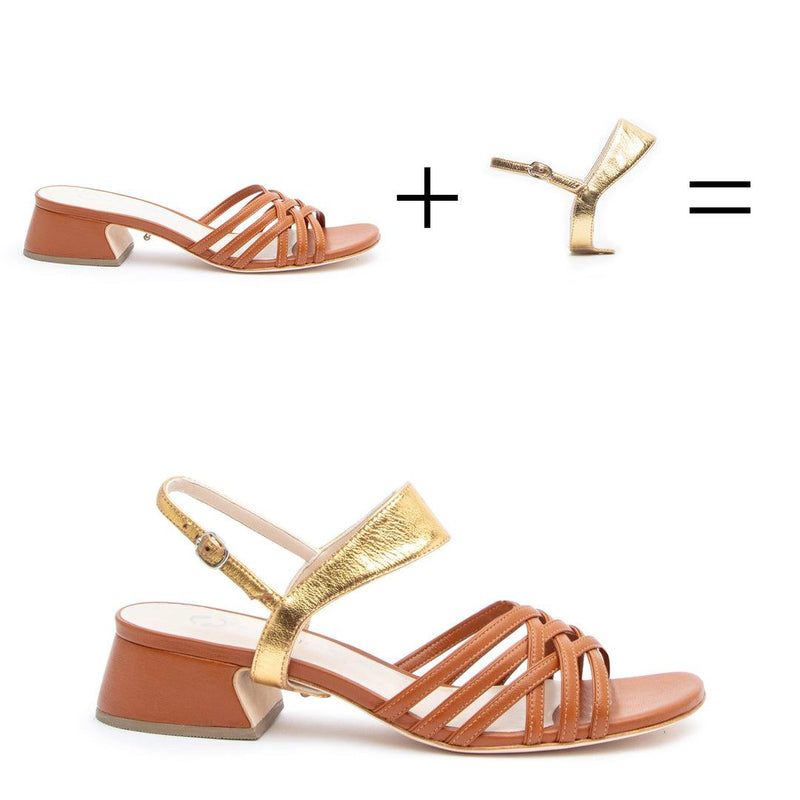 Customizable Brown Sandal + Gold Elsie Strap | How it works - sustainable shoes for women, ethical sandals