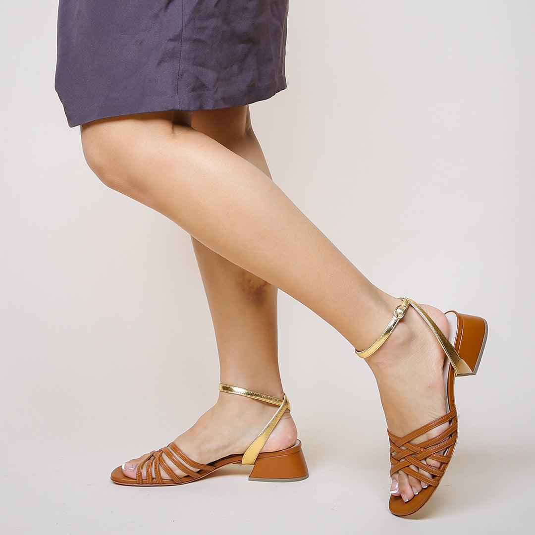 Cognac Bell Sandal + Gold Marilyn | Alterre Create Your Own Shoe - Sustainable Shoe Brand & Ethical Footwear Company