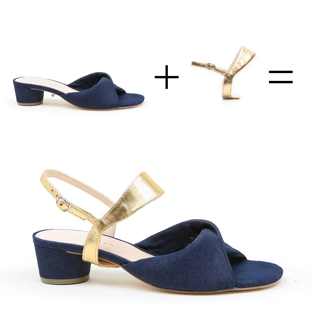 Denim Lo Twist Sandal + Gold Elsie  | Alterre Customizable Shoes - Women's Ethical Shoe Brand, Eco-friendly footwear