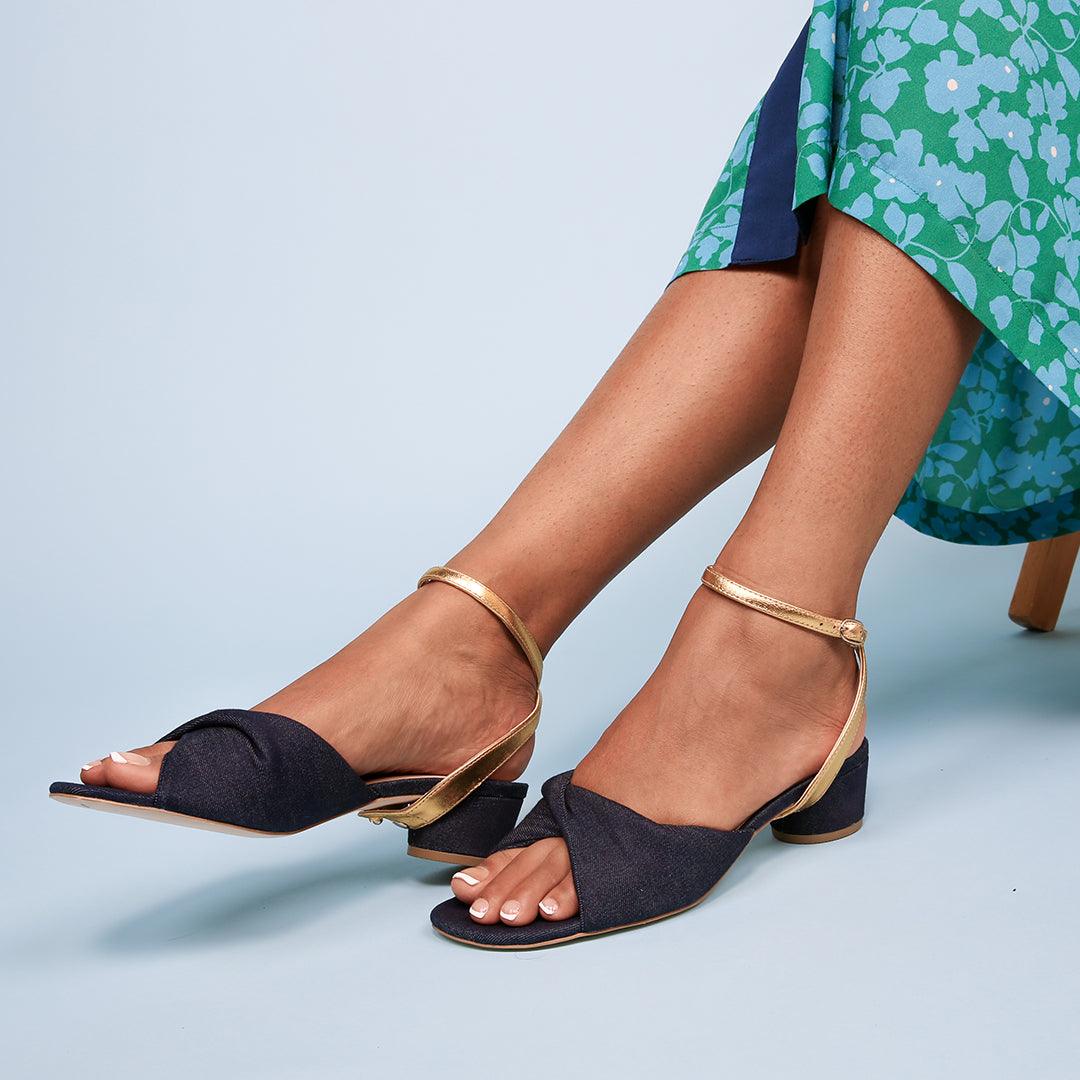 Denim Lo Twist Sandal + Gold Marilyn | Alterre customizable womens shoes with removable shoe straps