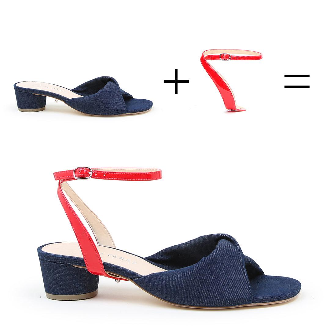 Denim Lo Twist Sandal + Red Gloss Marilyn | Alterre customizable mules, Sustainable sandals made from recycled denim