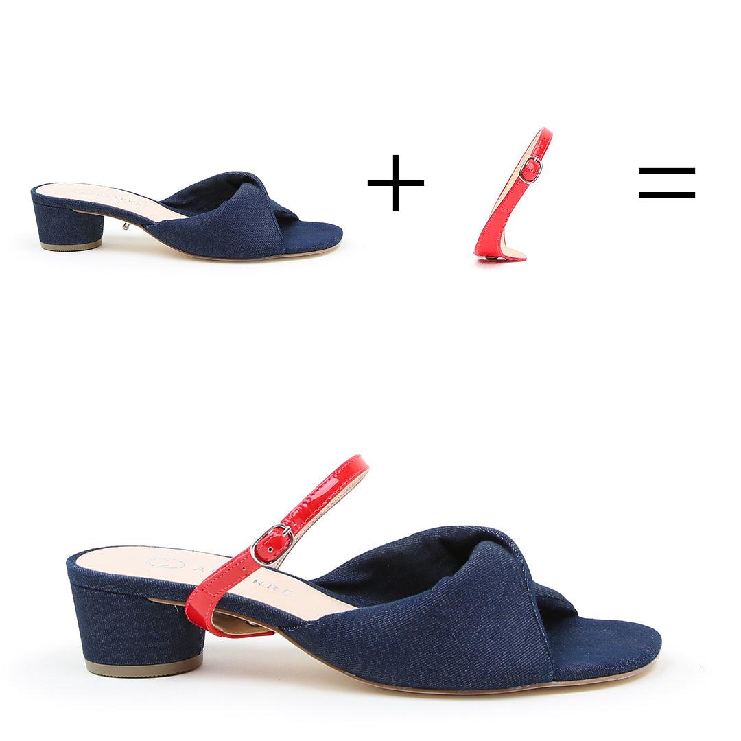 Denim Lo Twist Sandal + Red Gloss Twiggy | Alterre customizable womens shoes with removable shoe straps