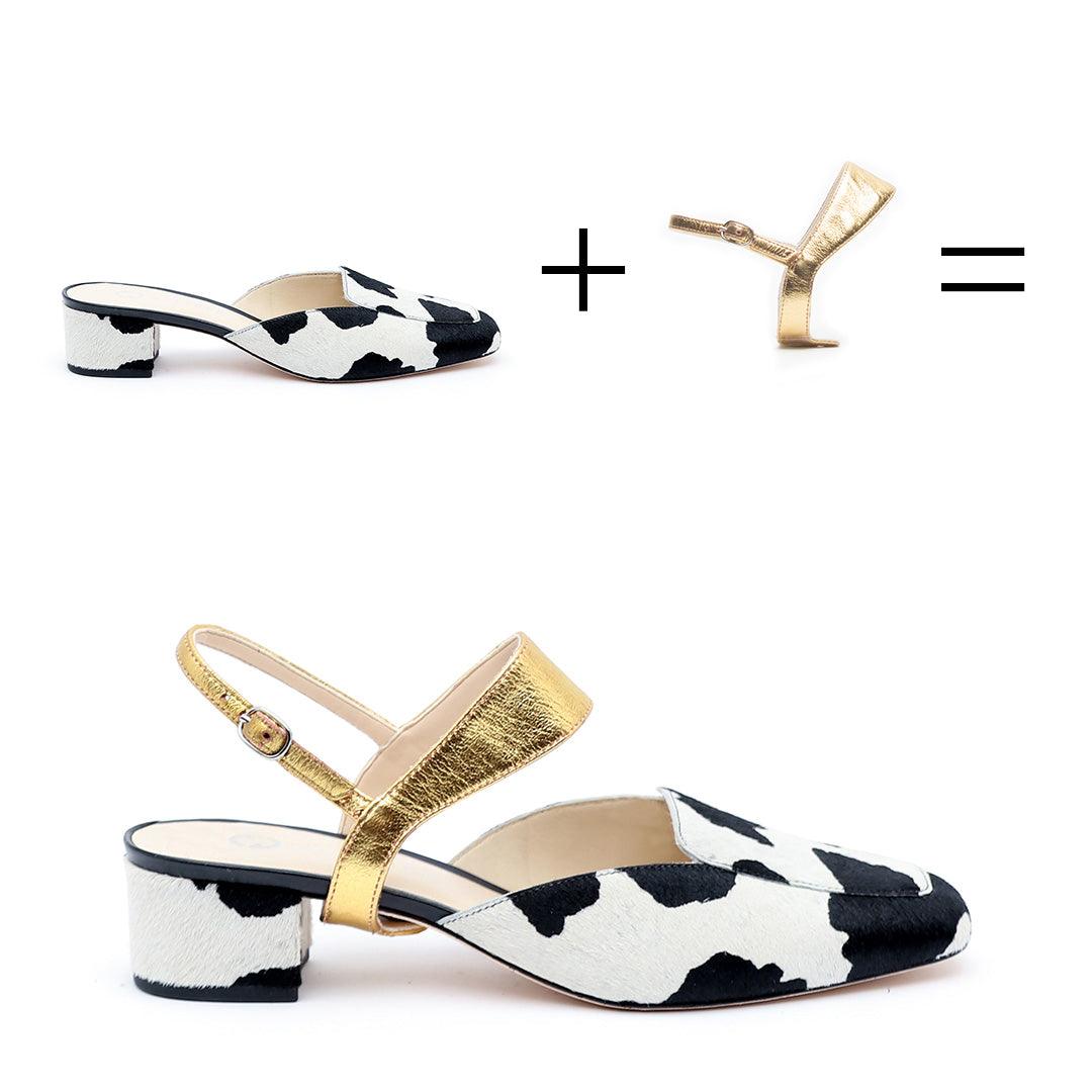 Customizable Animal Print Loafers + Gold Elsie Strap | How it works - sustainable shoes for women, ethical slides