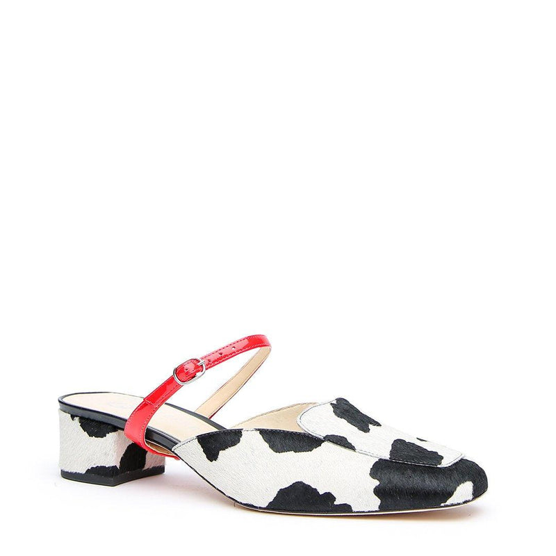 Personalized Cow Print Loafer + Red Gloss Twiggy Strap | Alterre Make A Slide - Sustainable Footwear & Ethical Shoes