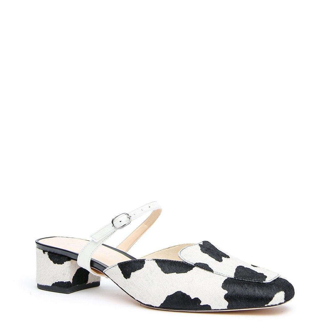 Personalized Cow Print Loafer + White Twiggy Strap | Alterre Make A Slide - Sustainable Footwear & Ethical Shoes