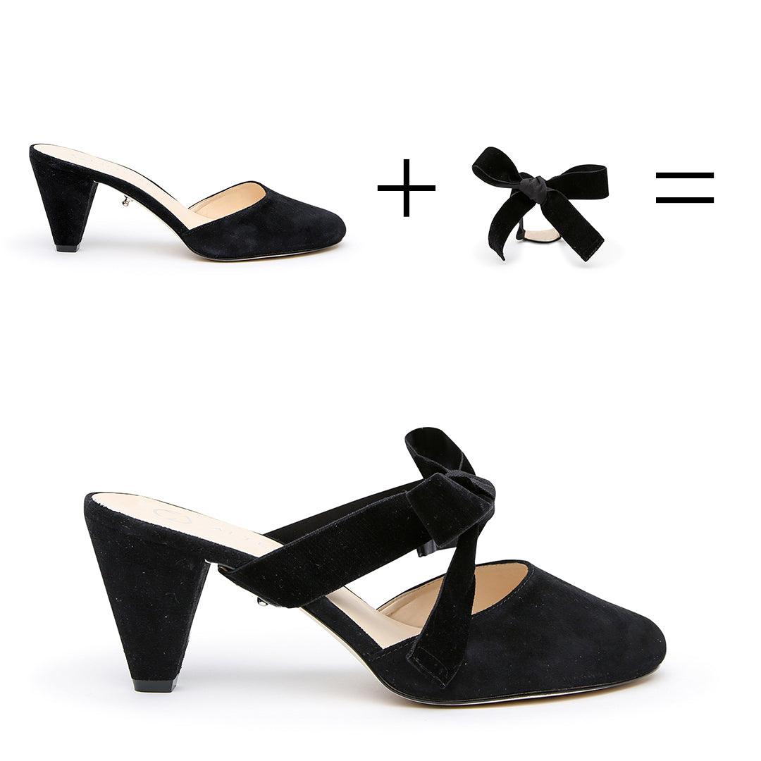 Customizable Black Suede Mules + Black Velvet Marie Strap | How it works - sustainable shoes for women, ethical mules