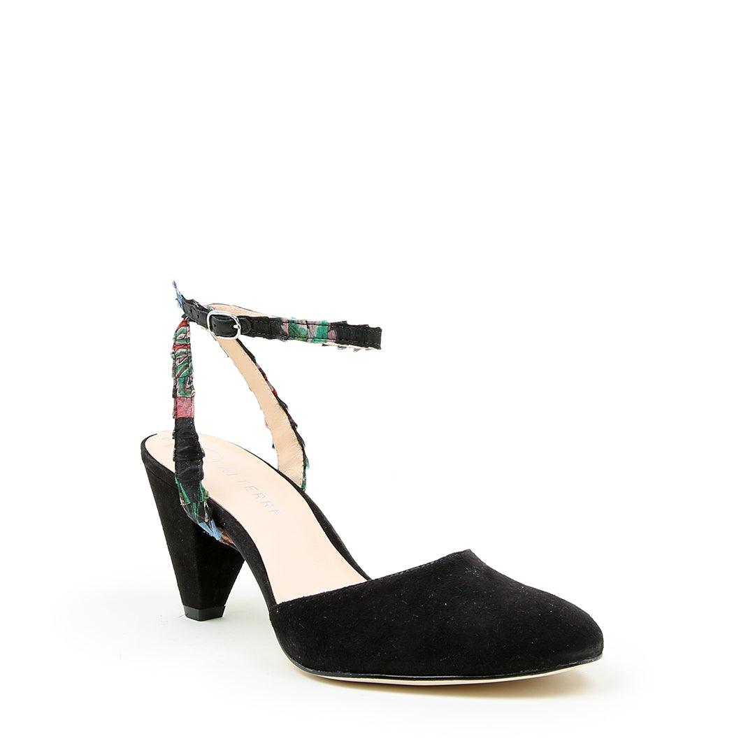 Black Suede Mule + Black Floral Marilyn | Alterre Create Your Own Shoe - Sustainable Shoe Brand & Ethical Footwear Company