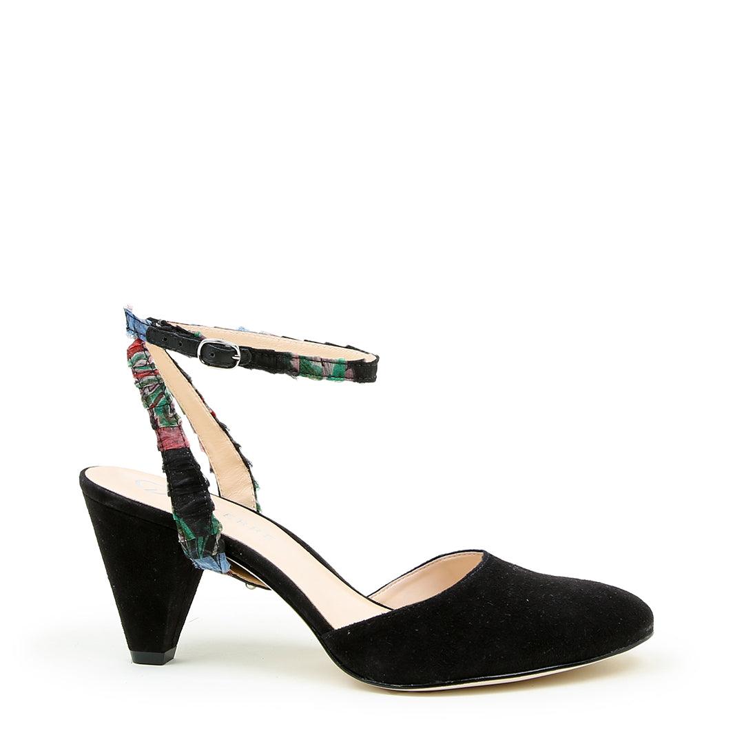 Black Suede Mule + Black Floral Marilyn | Alterre Make A Shoe - Sustainable Shoes & Ethical Footwear