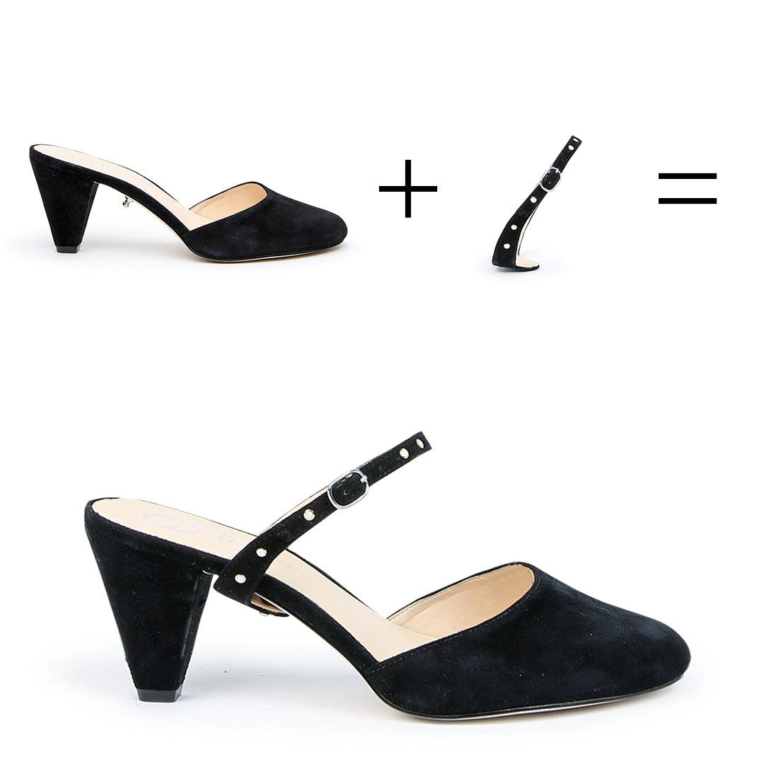 Customizable Black Suede Mules + Studded Twiggy Strap | How it works - sustainable shoes for women, ethical mules