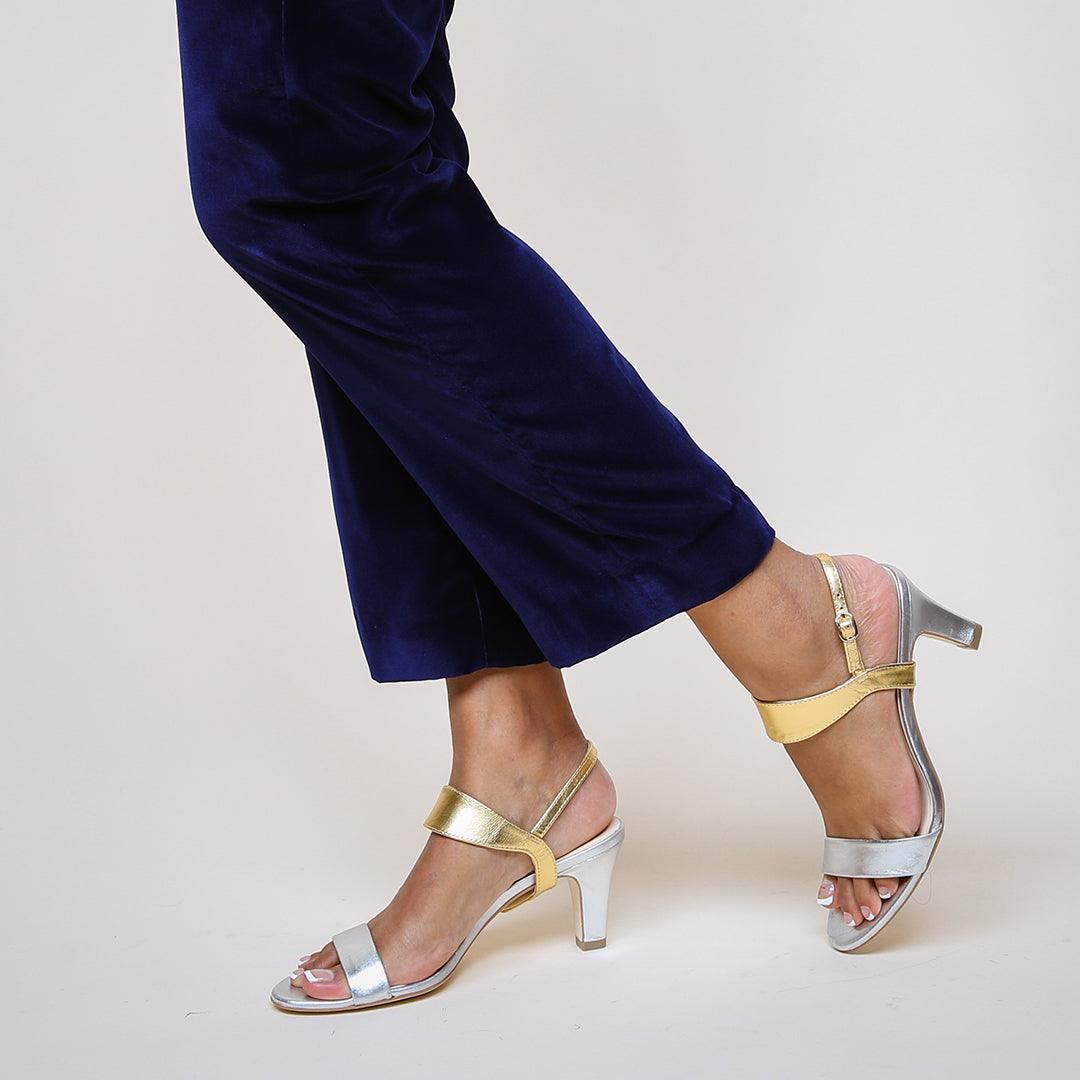 Silver Open Toe + Gold Elsie Customizable Heeled Sandals | Alterre Make A Sandal - Sustainable Shoes & Ethical Footwear