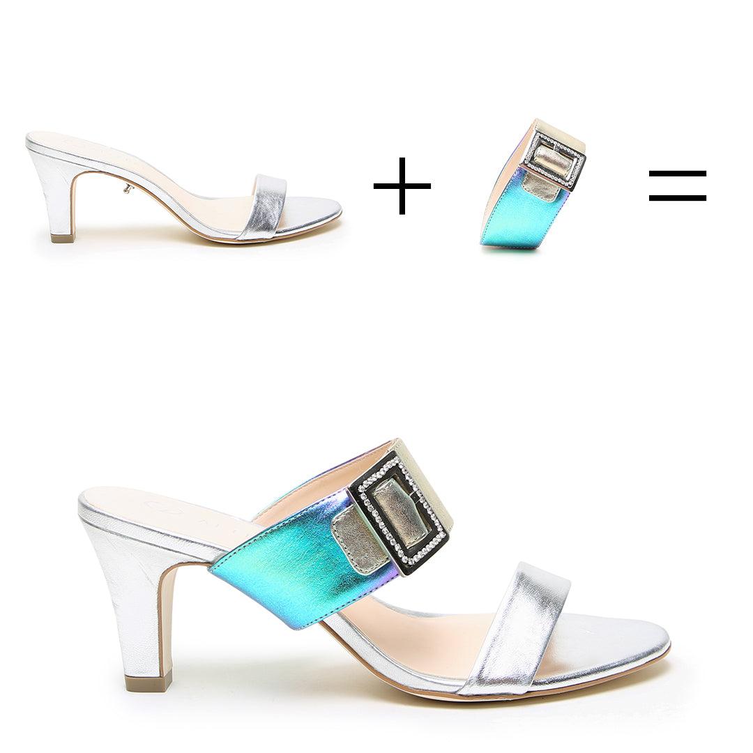 Customized Silver Open Toe + Galaxy Grace Strap  | Alterre Customized Shoes - Women's Ethical Heels, Sustainable Footwear