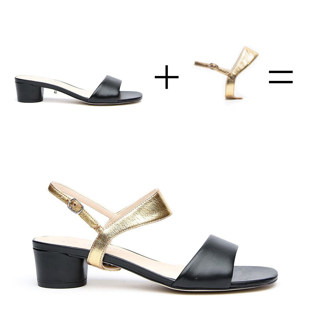 Customizable Black Leather Sandals + Gold Elsie Strap | How it works - sustainable shoes for women, ethical sandals