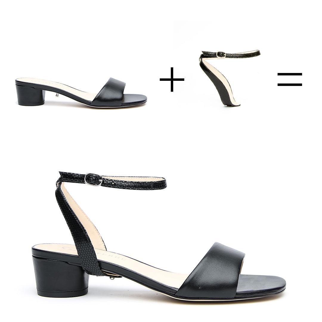 Customizable Black Leather Sandals + Rattlesnake Marilyn Strap | How it works - sustainable shoes for women, ethical sandals
