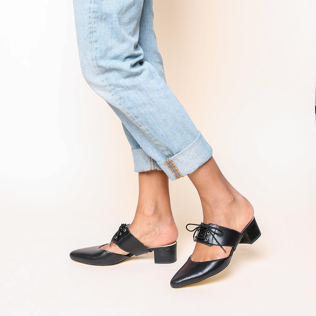 Rattlesnake Black Slide + Tilda  | Alterre Customized Slippers - Women's Ethical Heels, Sustainable Shoes