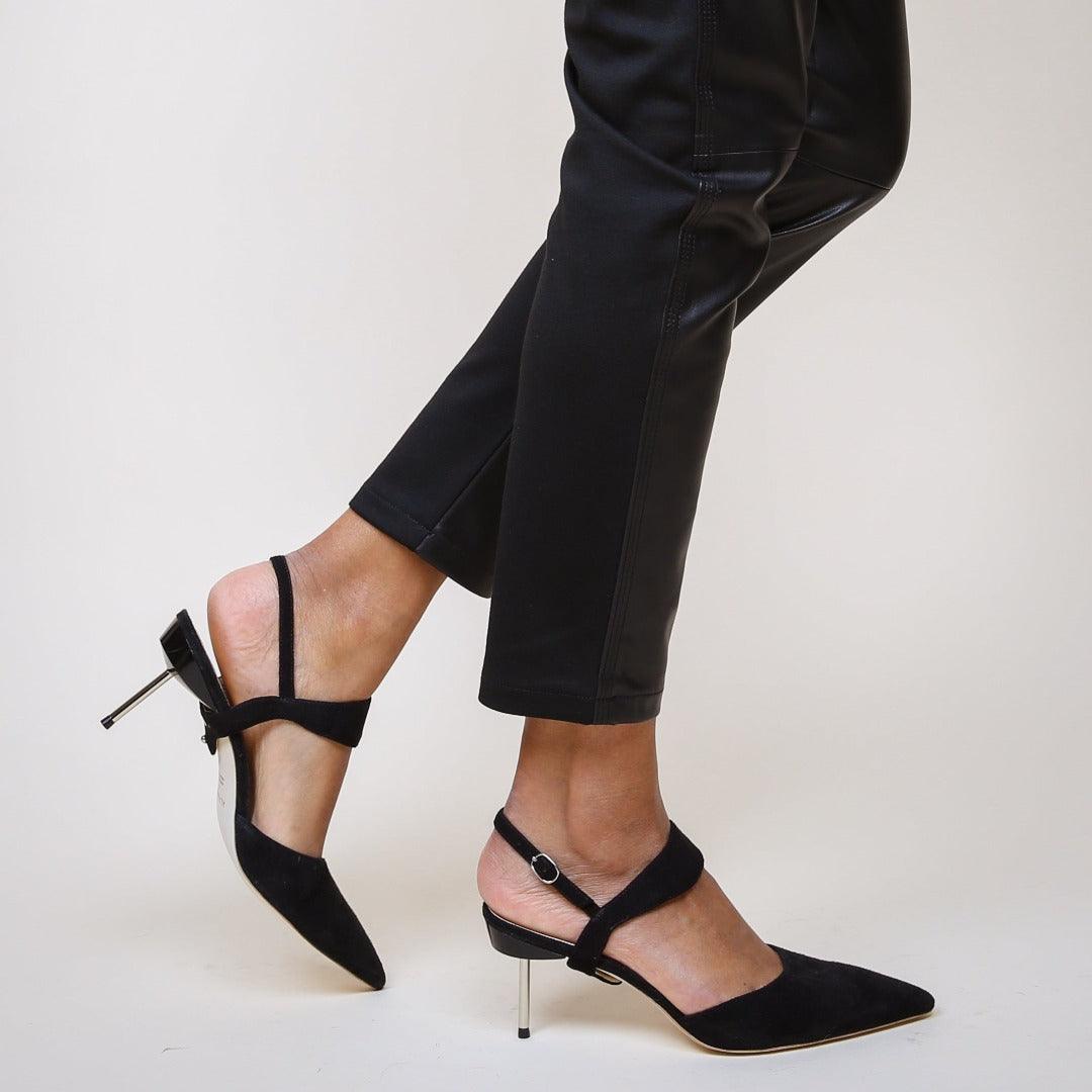 Black Suede Stilettos with Interchangeable Elsie Strap  | Alterre Build Your Own Shoe - Sustainable Shoe Company & Ethical Footwear Brand
