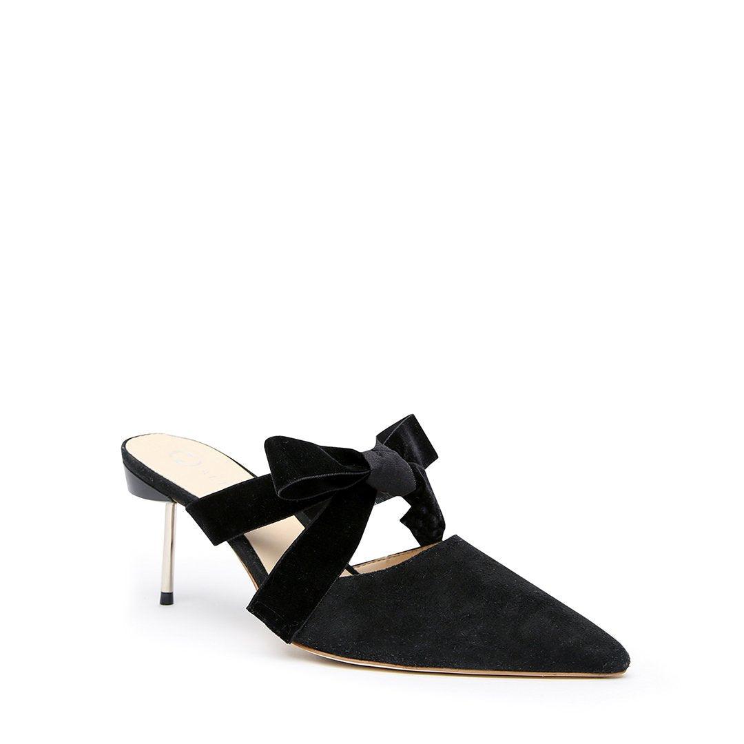 Customizable Black Suede Stiletto + Black Velvet Marie Strap | Alterre Make A Shoe - Sustainable Shoes & Ethical Footwear