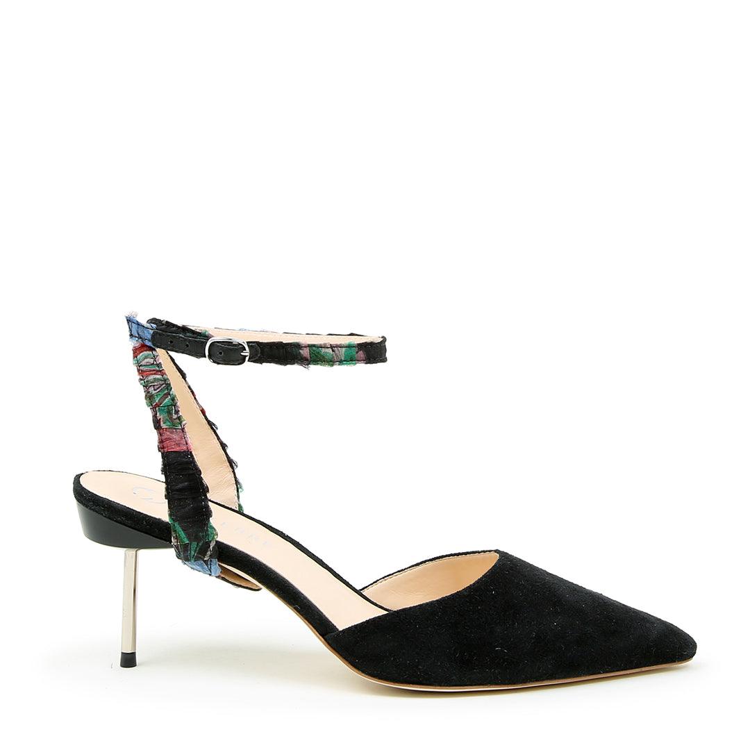 Black Suede Stiletto + Black Floral Marilyn | Alterre Make A Shoe - Sustainable Shoes & Ethical Footwear