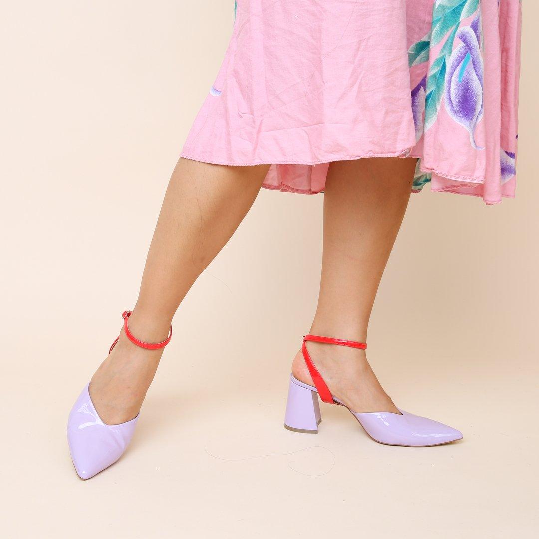Customizable Lilac Gloss V Mule + Red Gloss Marilyn Strap  | Alterre Sustainable Women's Footwear & Ethical Shoe Brand
