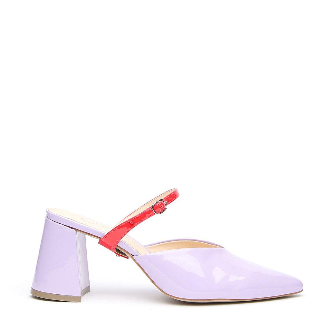 Lilac Gloss V Mule + Red Gloss Twiggy Strap - Customizable Mules  | Alterre Interchangeable Mule - Sustainable Footwear & Ethical Shoes