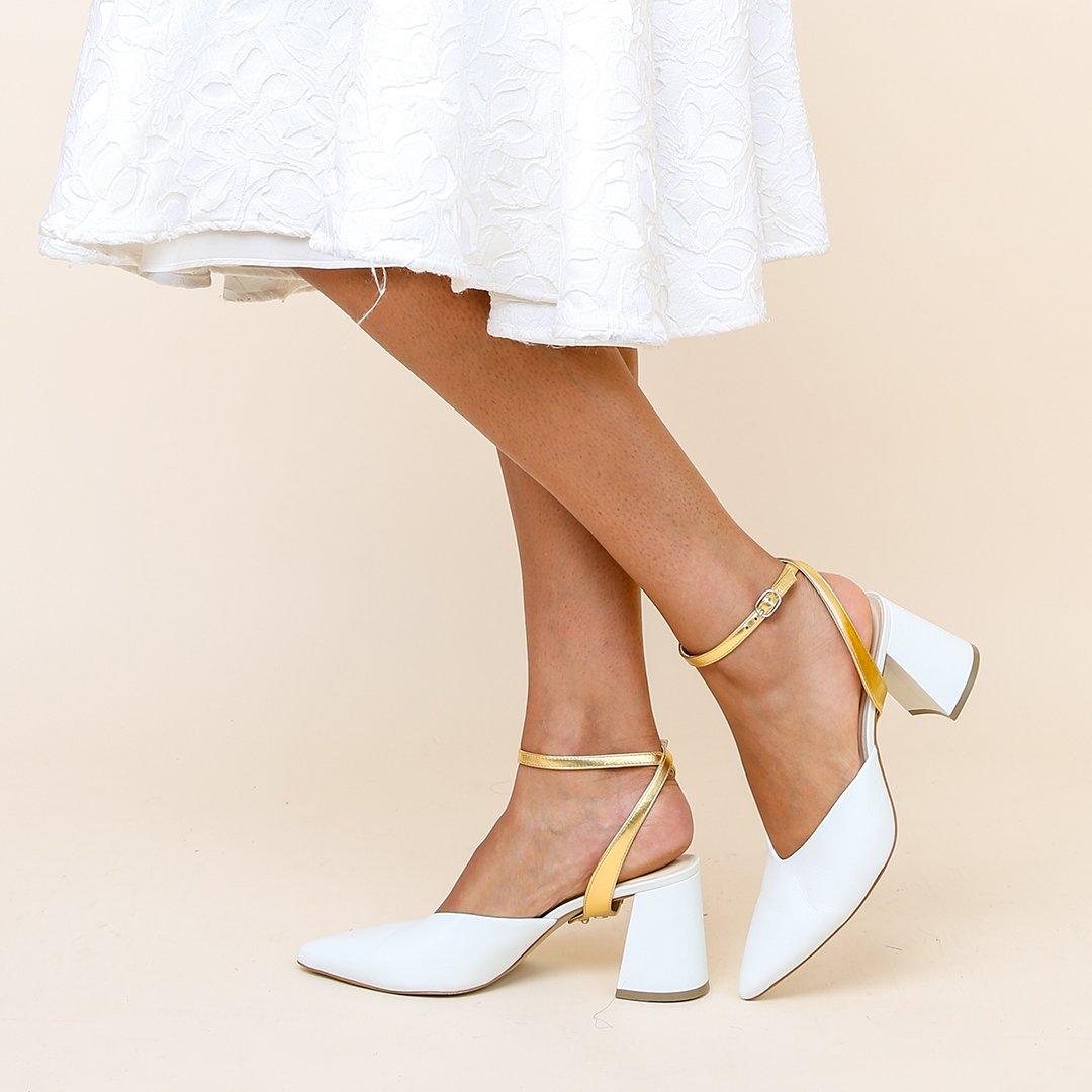 White V Mule + Gold Marilyn Strap | Alterre Bridal Mules - Sustainable Women's Footwear