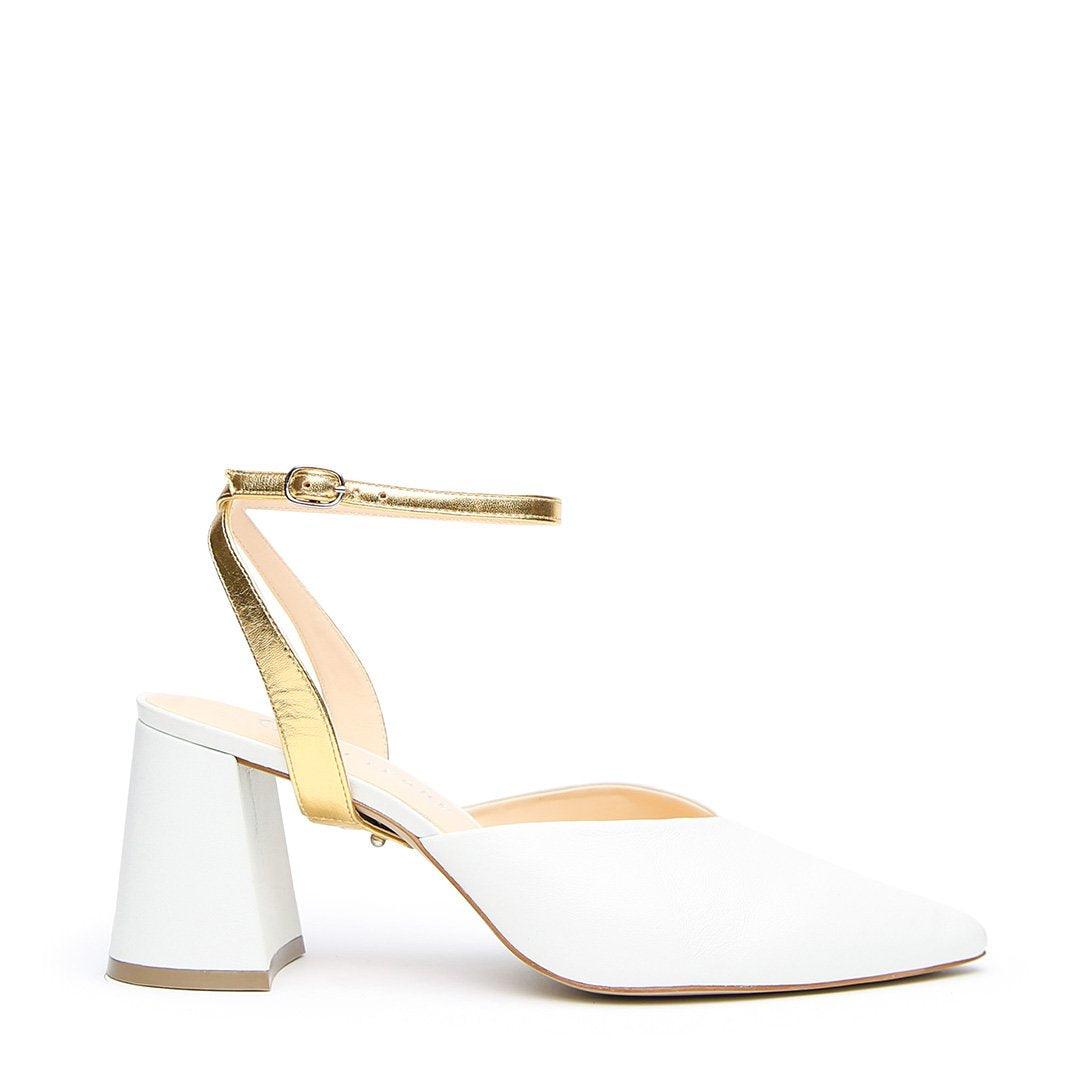 White V Mule + Gold Marilyn Strap - Customizable Mules  | Alterre Interchangeable Mule - Sustainable Bridal Footwear & Ethical Shoes