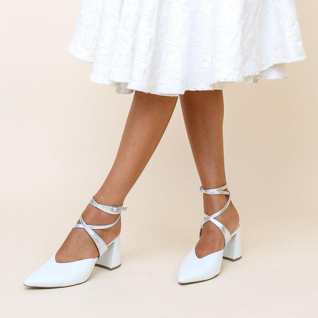 White V Mule + Silver Tomoe Strap  | Alterre Create Your Own Mule - Sustainable Bridal Footwear & Ethical Shoe Company