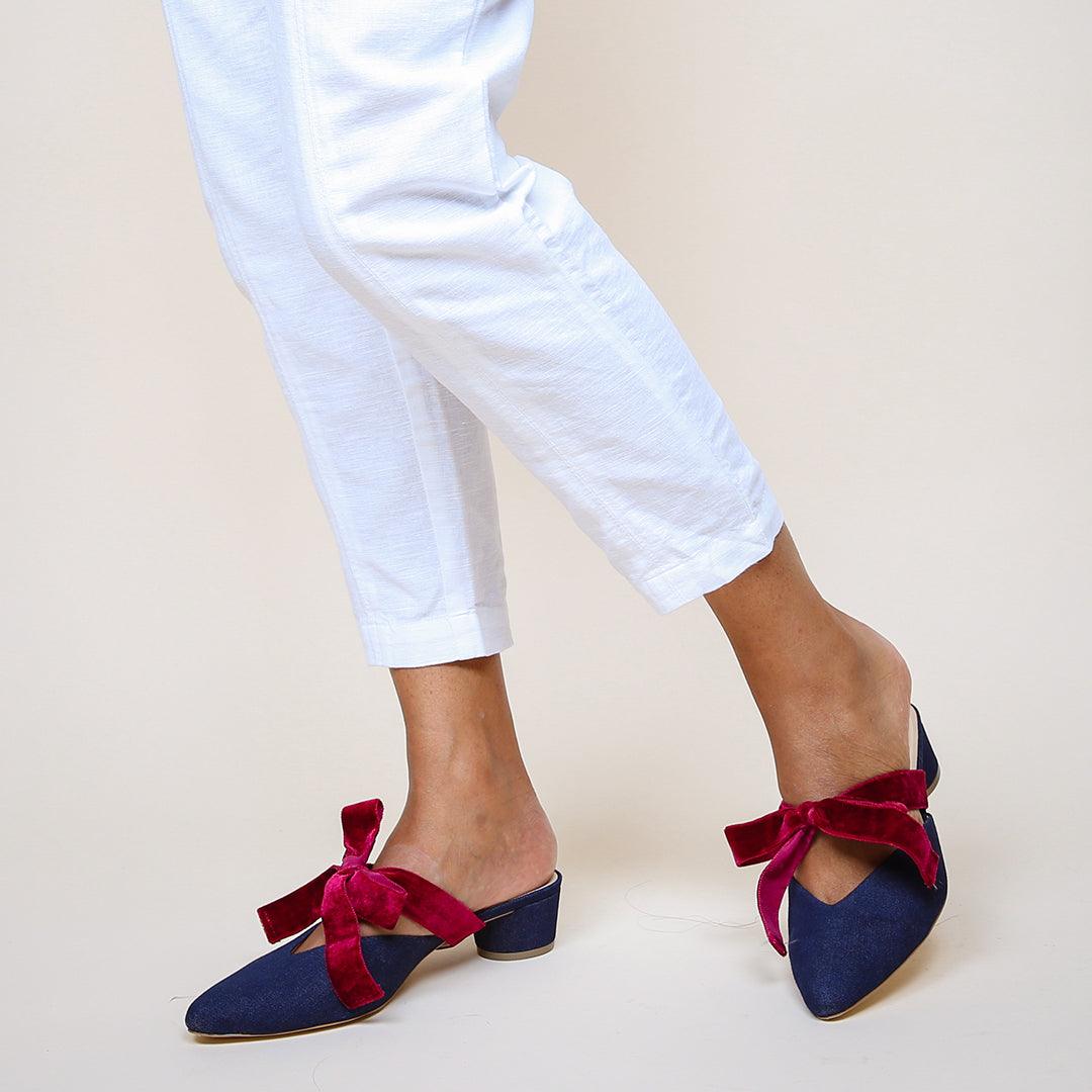 Denim V Slide + Red Velvet Marie | Alterre Create Your Own Shoe - Sustainable Shoe Brand & Ethical Footwear Company