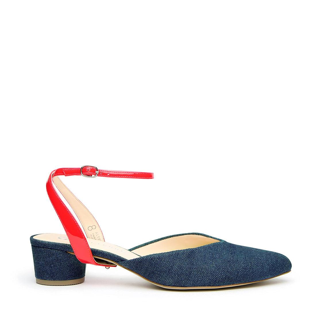 Recycled Denim Customizable Slide + Red Gloss Marilyn Strap | Alterre Interchangeable Shoes - Sustainable Footwear & Ethical Shoes