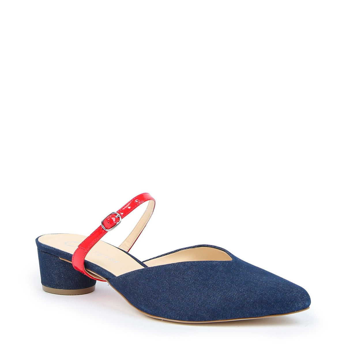 Customizable Recycled Denim Slide + Red Gloss Twiggy Strap | Alterre Make A Shoe - Sustainable Shoes & Ethical Footwear